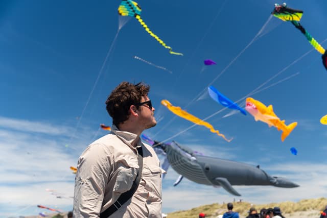person kites sky blue whale colorful flying outdoor festival sunny day clouds beach sand sunglasses shirt wind strings crowd fun activity leisure summer event bright vibrant atmosphere celebration recreation enjoyment spectacle entertainment gathering hobby pastime adventure exploration excitement joy freedom creativity imagination relaxation nature environment landscape scenery horizon perspective viewpoint angle motion movement action dynamic energy playful whimsical artistic design pattern