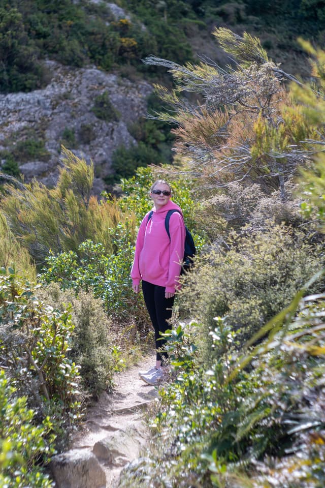 hiking trail nature outdoors person pink sweatshirt backpack sunglasses greenery plants bushes rocks path hillside casual walking primary green