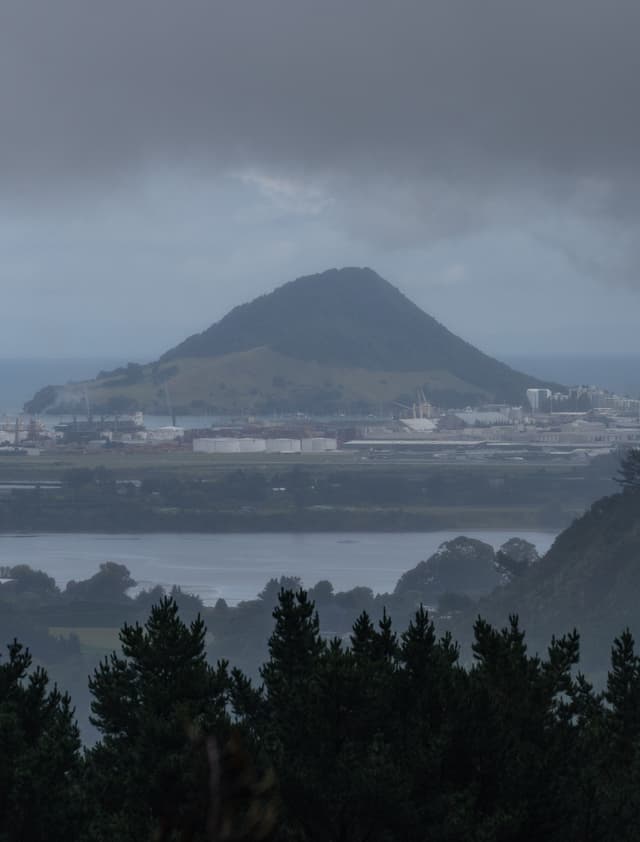 Mountain Hill City Buildings Trees Water Cloudy Sky Overcast Landscape Nature Green Gray Blue Distant View Horizon Forest Vegetation Scenery Outdoors Urban Area Coastline Island Silhouette Skyline Background Environment Tranquil Calm Peaceful