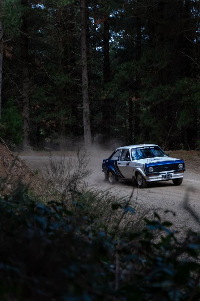 Car Vehicle Forest Trees Dirt Road Dust Motion Blue Green Brown Racing Rally Nature Outdoor Adventure Speed Vintage Classic