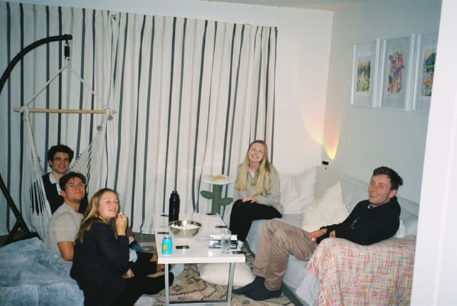 people room sofa table curtains lamp paintings chair blanket white black blue beige pillow plant cup bottle bowl rug