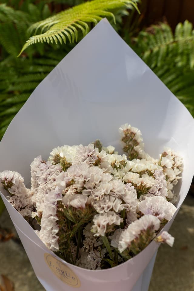 flowers bouquet paper white green leaves fern outdoors sunlight nature arrangement blossoms petals wrapping garden flora plant