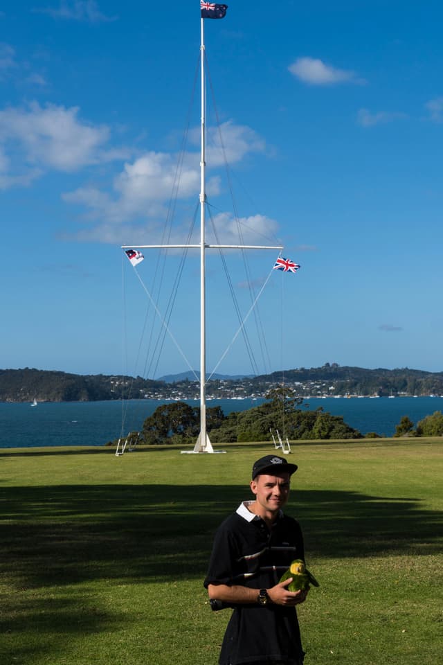 A person holding a bird stands on a grassy area with a tall flagpole in the background, overlooking a body of water and distant hills