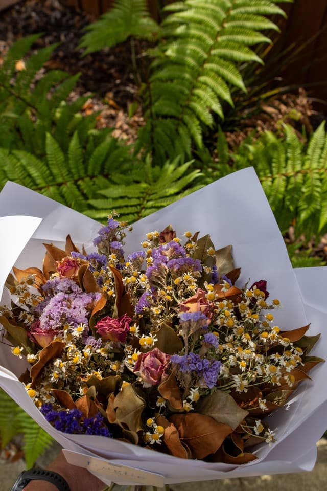 bouquet flowers leaves ferns purple pink white yellow brown green paper wrapping outdoors nature garden floral arrangement blossoms petals stems foliage sunlight shadows natural beauty decorative gift romantic celebration vibrant fresh colorful botanical spring summer plant life texture background environment hand holding