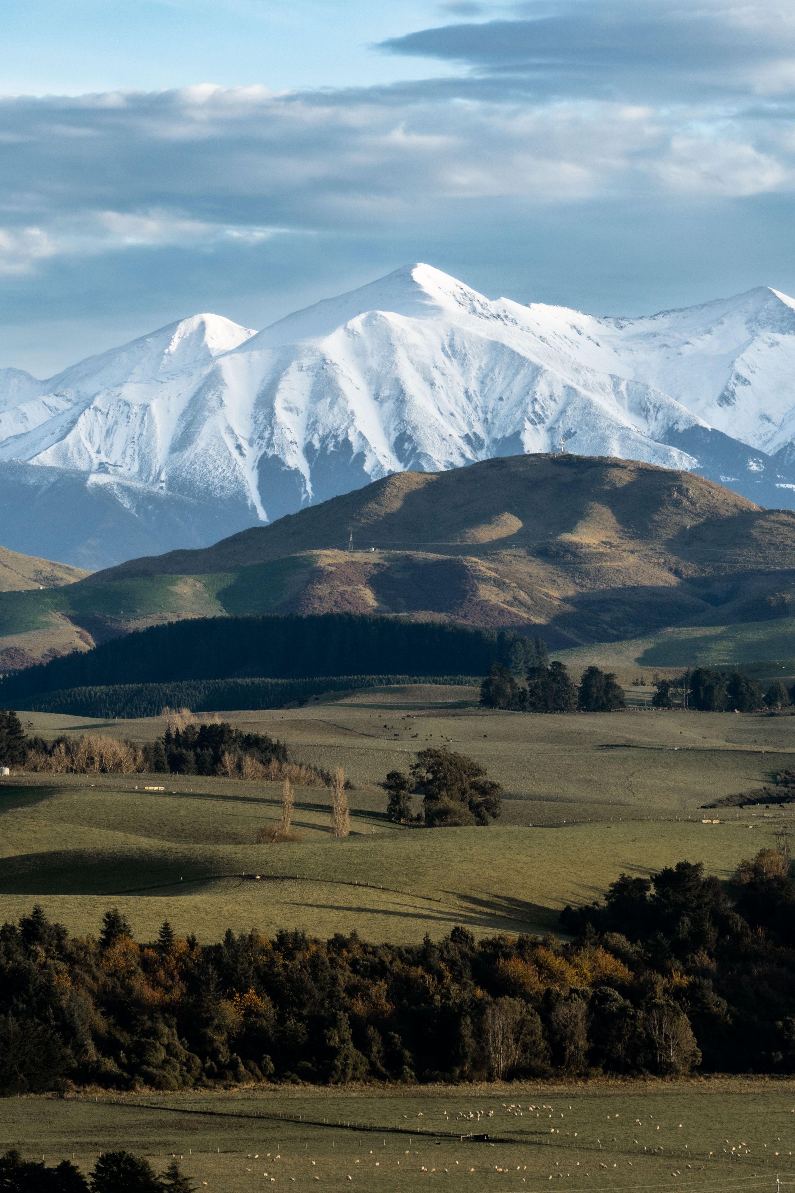 mountains snow peaks hills landscape trees grass fields sky clouds nature scenery outdoors blue white green panoramic serene peaceful majestic rural wilderness horizon tranquility