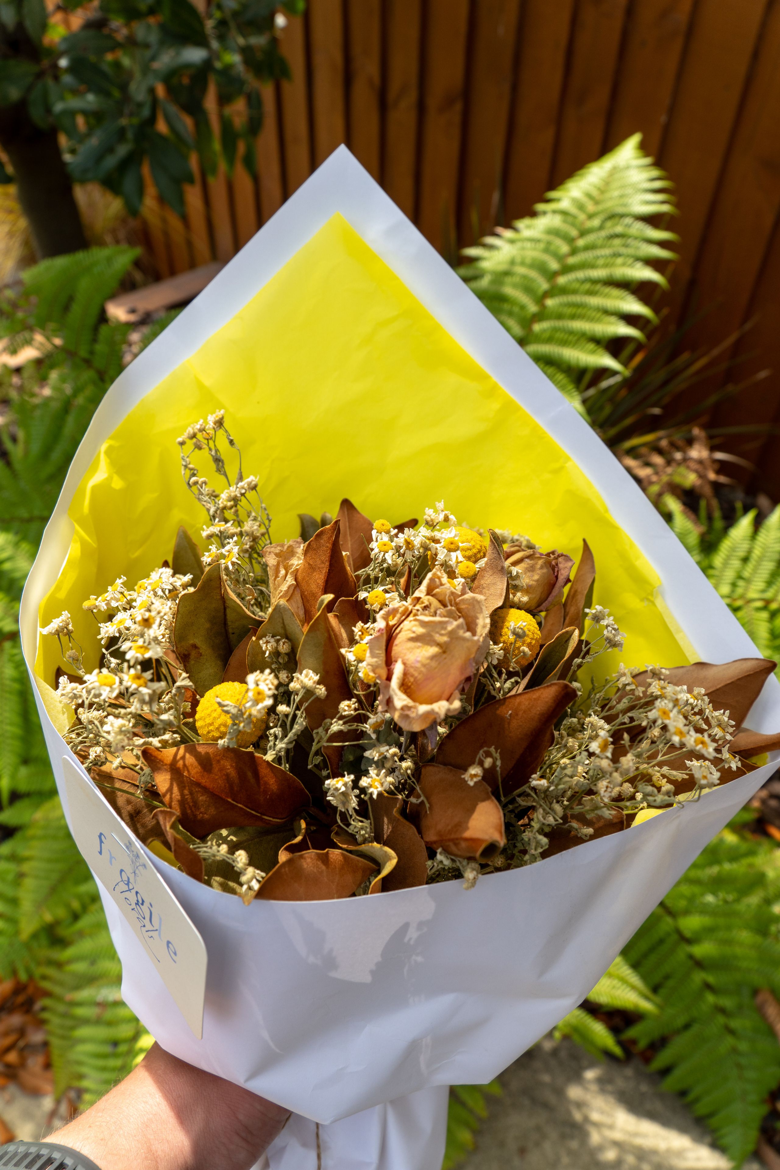 bouquet flowers dried leaves yellow white brown green paper wrapping outdoors sunlight ferns wooden fence nature garden hand holding arrangement floral rustic natural texture background decoration gift plant stem petals foliage blossom bloom arrangement design composition organic earthy aesthetic vibrant bright fresh botanical decorative elegant simple minimalist serene peaceful tranquil harmonious charming delightful appealing attractive inviting pleasing eye-catching artistic creative unique stylish modern contemporary classic timeless traditional handcrafted artisanal