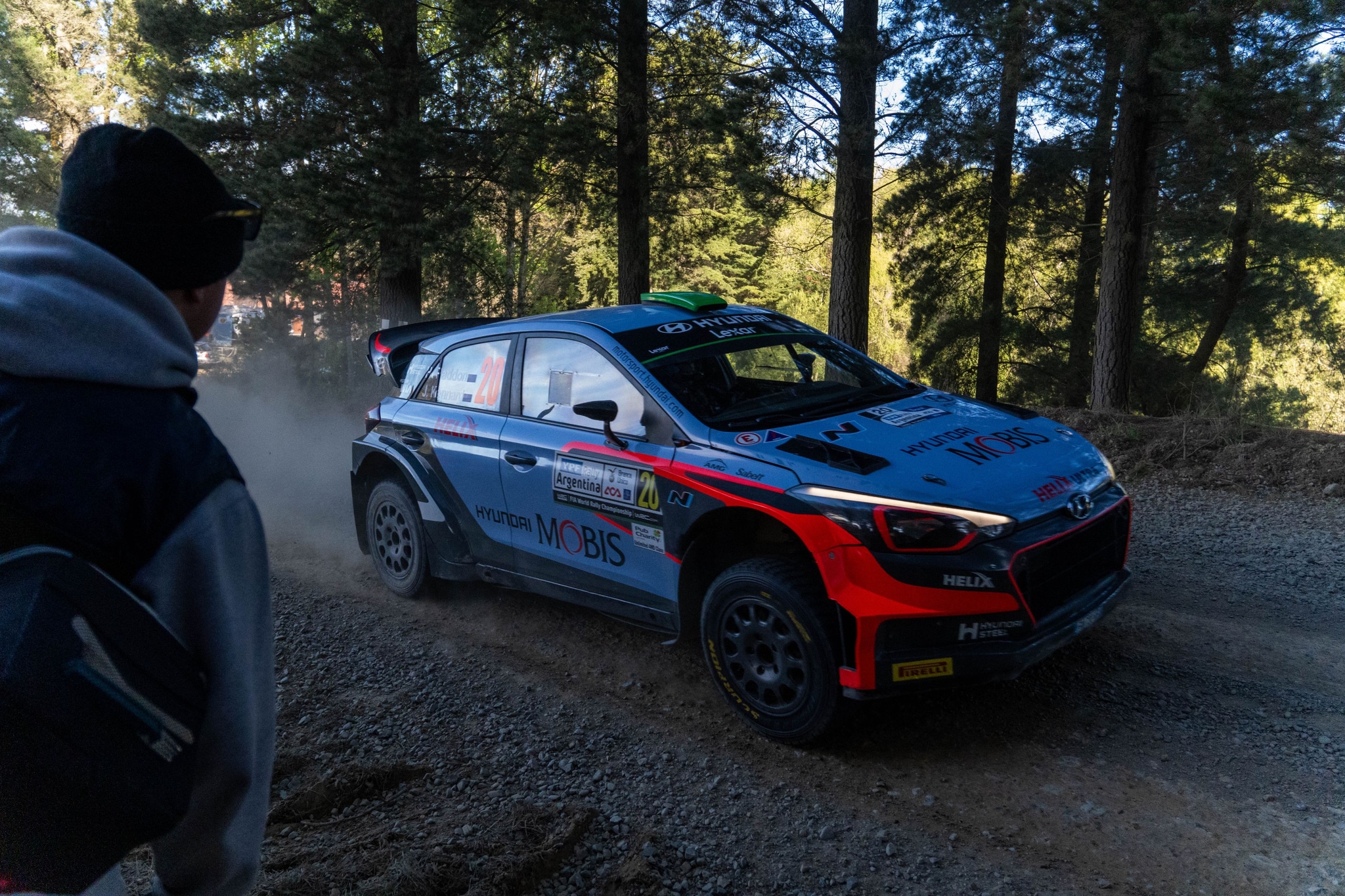 car rally race dirt road forest trees dust motion blue red black tires person jacket hat sunlight shadow gravel action speed vehicle competition outdoors daytime