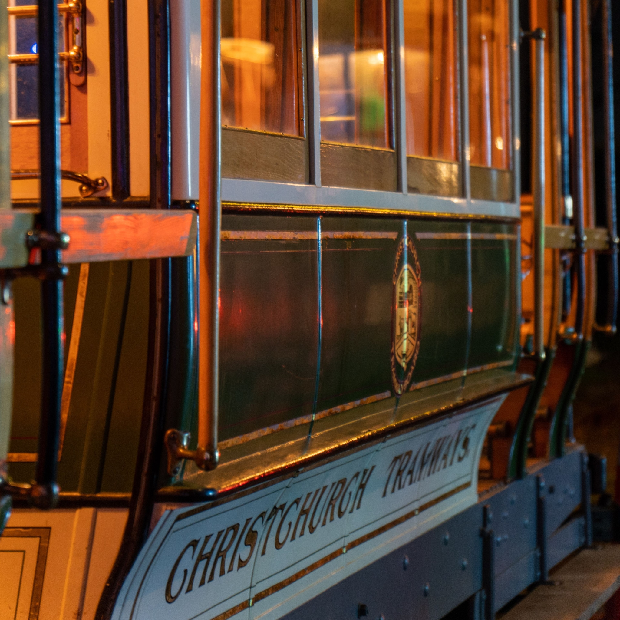 Tram Trolley Windows Lights Reflection Metal Wood Sign Text Christchurch Transport Vintage Historic Blue