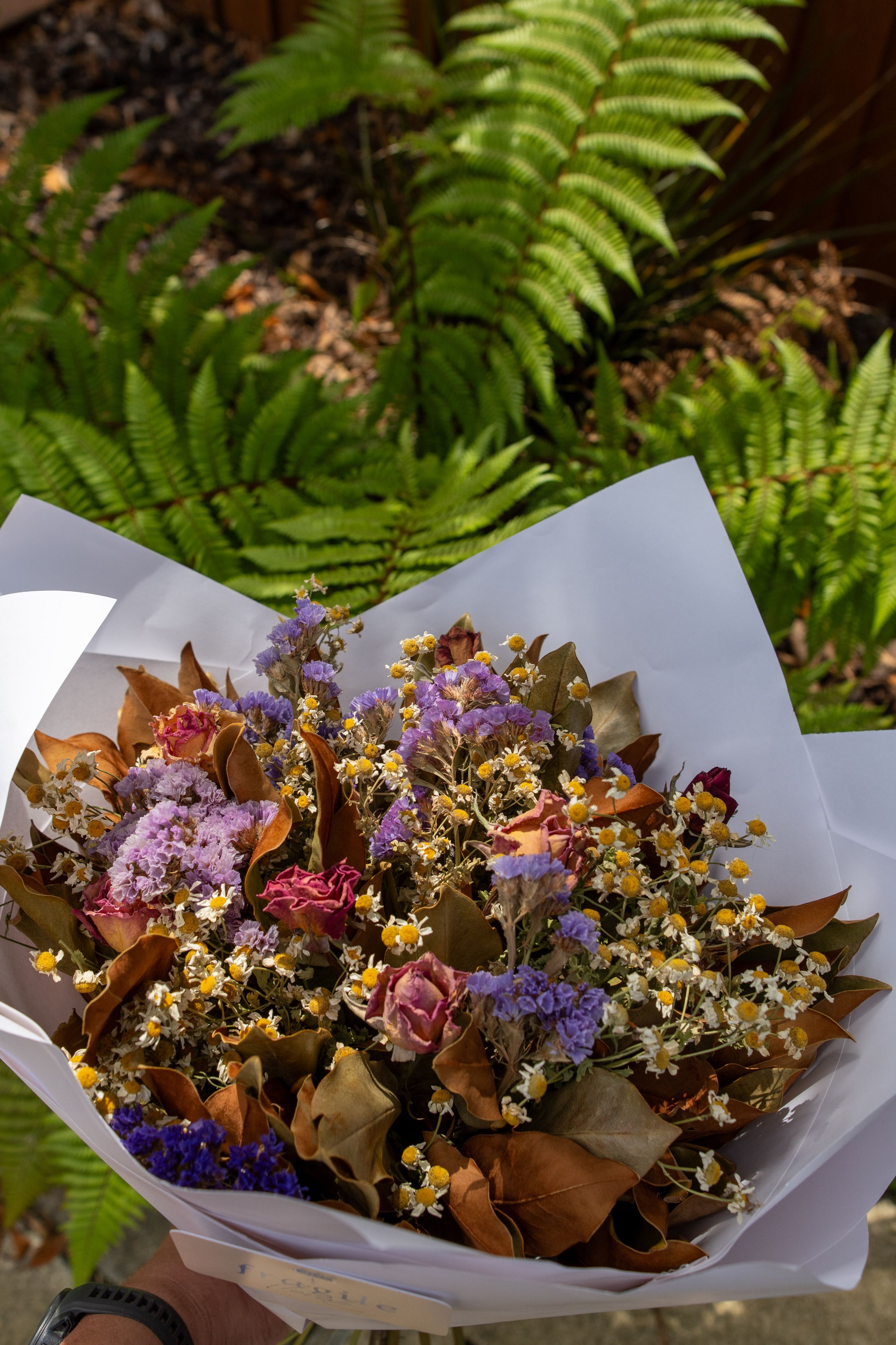bouquet flowers leaves ferns purple pink white yellow brown green paper wrapping outdoors nature garden floral arrangement blossoms petals stems foliage sunlight shadows natural beauty decorative gift romantic celebration vibrant fresh colorful botanical spring summer plant life texture background environment hand holding